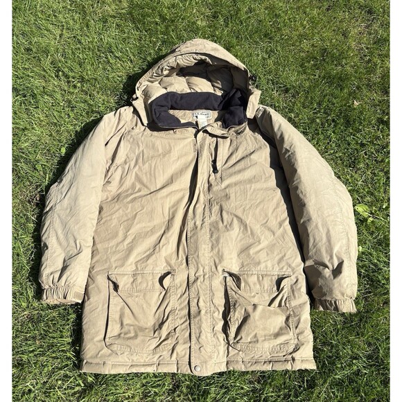Vintage LL Bean Goose Down Jacket Coat Tan Beige Removable Hood Puffer Tall XL M - Picture 1 of 8